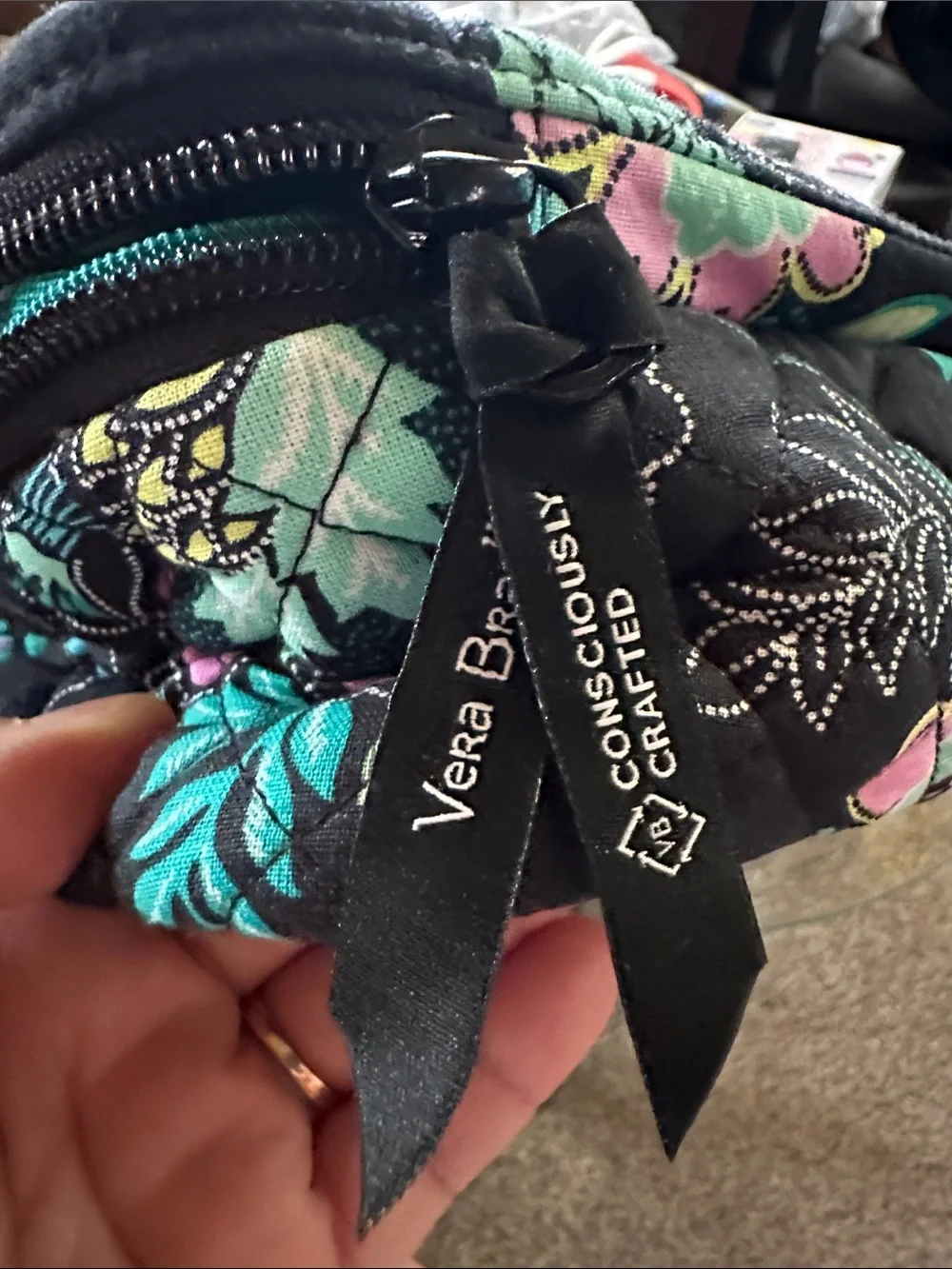 Vera Bradley Black Quilted Floral Makeup Bag with Mint Green and Pink Accents - Picture 2 of 10